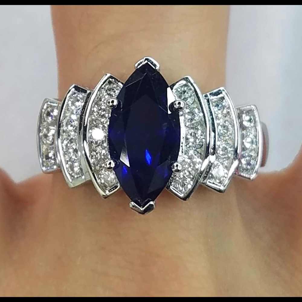 Sterling Sil 1.62 ct Marquise Blue Spinel CZ Ring
